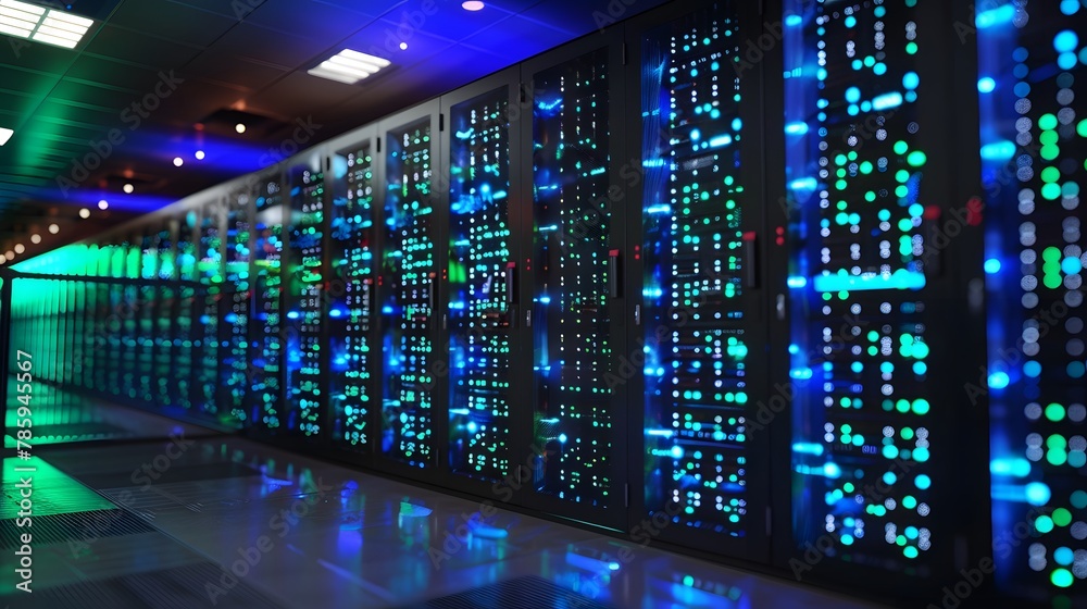 Fototapeta premium High Tech server room with advanced data center technology. The scene includes rows of large computer. This design symbolizes modern tech innovation in cloud computing and security services.