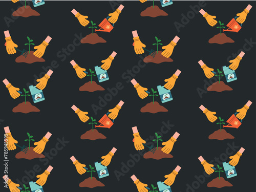 Seamless pattern with soil holes, sprouts and garden tools. Gardening and agriculture concept