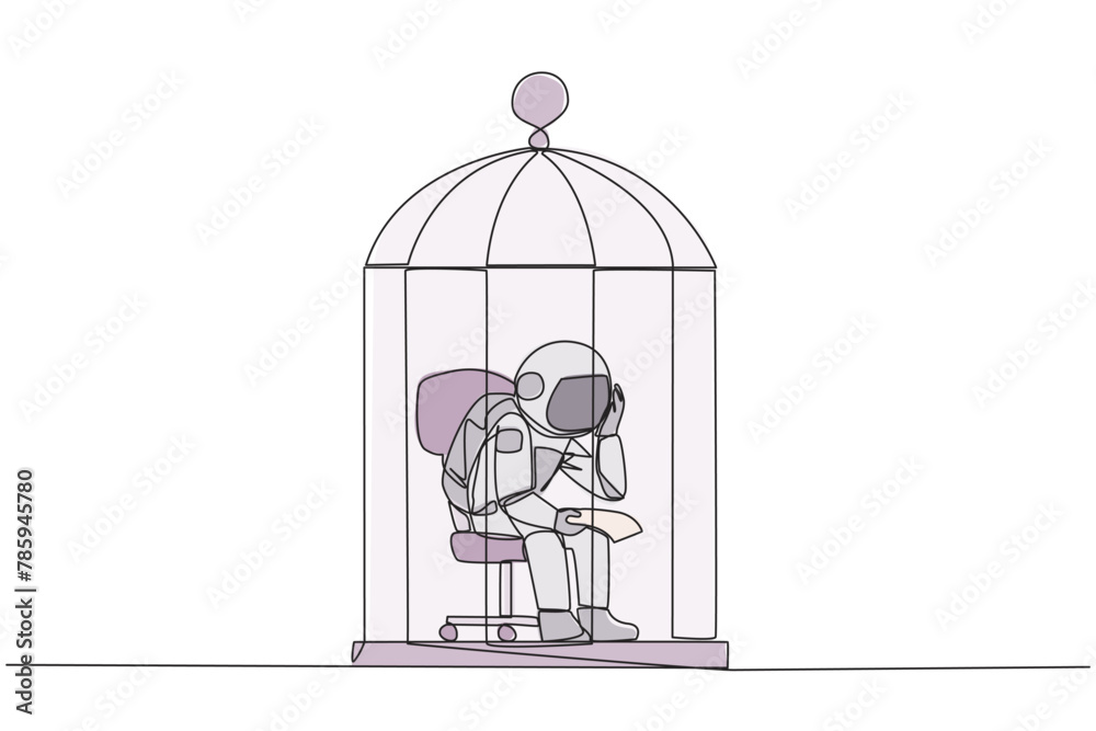 Continuous one line drawing astronaut trapped in the cage sitting pensively holding paper. Failed business. Read the bankruptcy statement. Frustration. Sad. Single line draw design vector illustration Continuous one line drawing astronaut trapped in the cage sitting pensively holding paper. Failed business. Read the bankruptcy statement. Frustration. Sad. Single line draw design vector illustration