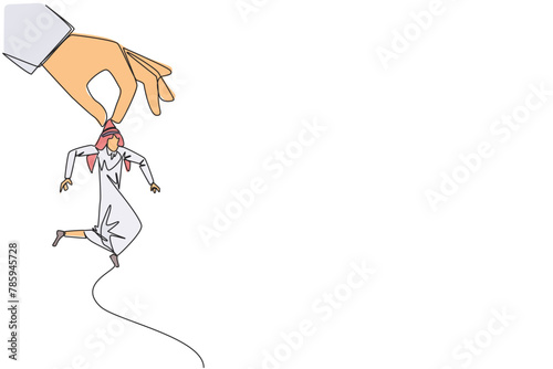 Continuous one line drawing big hand holding Arabian businessman. Workplace moving metaphor. Position transfer. Level up. Have bigger responsibilities. Single line draw design vector illustration