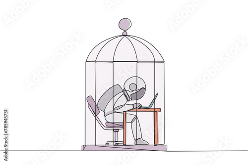 Single continuous line drawing astronaut trapped in the cage working on laptop computer. Plan to take annual leave to get away from routine. Workaholic. Overtime. One line design vector illustration