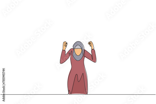 Single one line drawing Arabian businesswoman kneeling like praying. Lost hope. Businesses will bankrupt if fail to get bona fide clients. Gesture of surrender. Continuous line graphic illustration photo