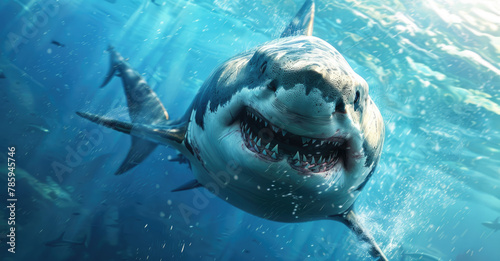 A great white shark, seen from the front underwater in clear blue water with waves behind it, mouth open and sharp teeth visible, showcasing its power and majesty © Kien