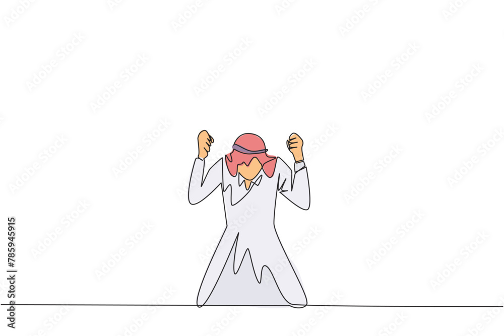 Single continuous line drawing Arab businessman kneeling like praying. Lost hope. Businesses will bankrupt if fail to get bona fide clients. Gesture of surrender. One line design vector illustration Single continuous line drawing Arab businessman kneeling like praying. Lost hope. Businesses will bankrupt if fail to get bona fide clients. Gesture of surrender. One line design vector illustration