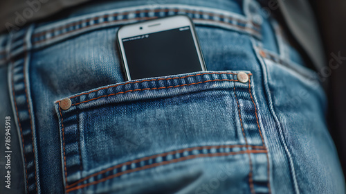 Mobile phone with blank black background in back pocket jeans. photo
