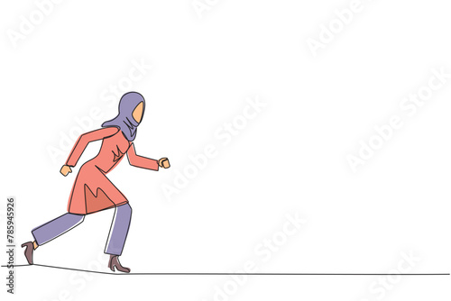 Single one line drawing Arabian businesswoman leisurely strolling. Habit to get rid of nervousness. Nervous when meeting big client. Light exercise for health. Continuous line graphic illustration