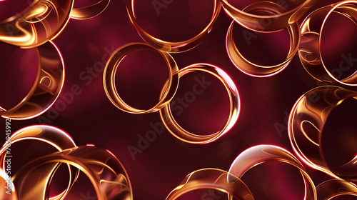 Glossy golden circles entwine in 3D, set against a deep burgundy canvas.