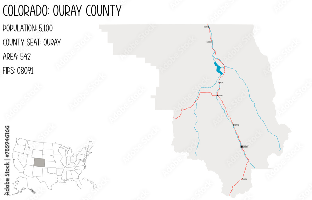 Large and detailed map of Ouray County in Colorado, USA.