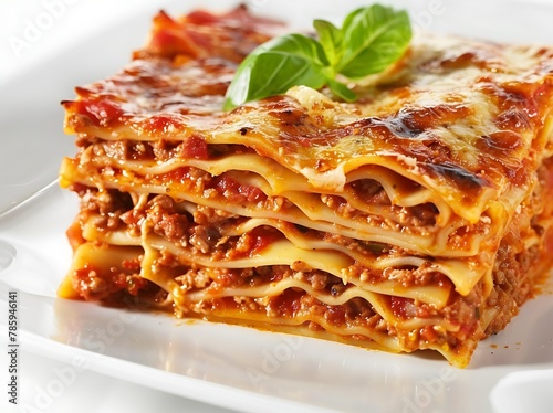 Photo of lasagna on a white plate