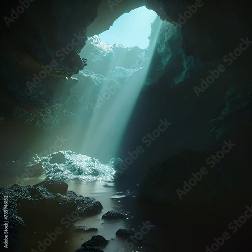 An underwater cave with a hole in the top of the cave. photo