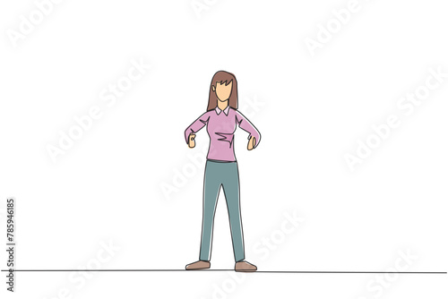 Continuous one line drawing businesswoman standing straight. Survive inflation and pandemics. Looking to the future of business is full of hopes of success. Single line draw design vector illustration