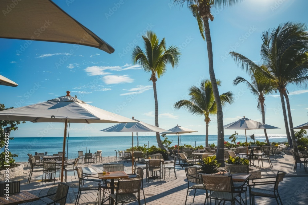A beachside café with panoramic ocean views, palm trees swaying in the breeze, and umbrella-shaded tables offering a relaxed coastal vibe, Generative AI