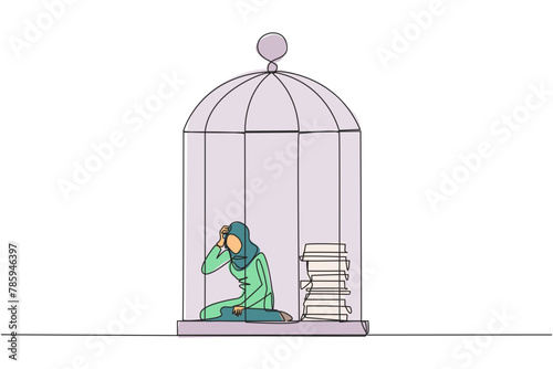 Single one line drawing Arabian businesswoman trapped in cage sitting down frustrated. Stress with piling up unfinished work until close to deadline. Exhausted. Continuous line graphic illustration