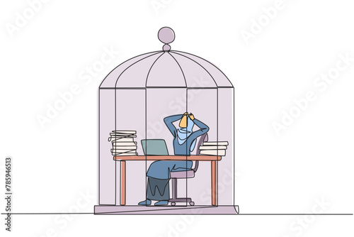 Wallpaper Mural Single continuous line drawing Arab businesswoman trapped in cage sitting on office chair holding head. Being in a routine trap. Tired and irritated with the daily grind. One line vector illustration Torontodigital.ca