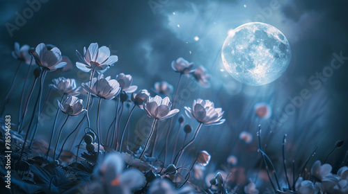 a moonlit garden, where moonflowers unfurl their ethereal petals under the silver glow of the moon, casting enchanting shadows upon the earth photo