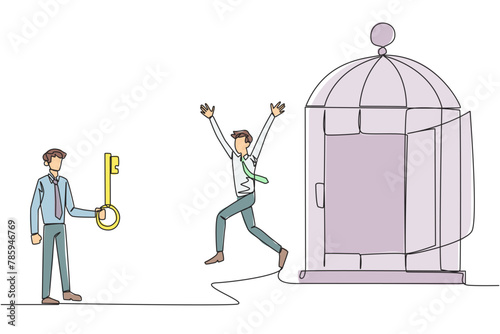 Single one line drawing businessman who was freed by colleagues from the trap of a cage. Teamwork metaphor. Growing business together. Great relationship. Continuous line design graphic illustration
