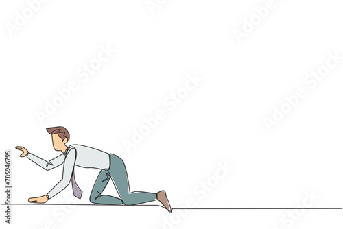 Single one line drawing crawling young businessman. Trying to get up after being attacked by a pandemic. Starting from crawling, walking, then running fast. Continuous line design graphic illustration