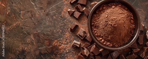  bitter dark chocolate chunks in a bowl against a dark, textured surface, hinting at rich flavor.