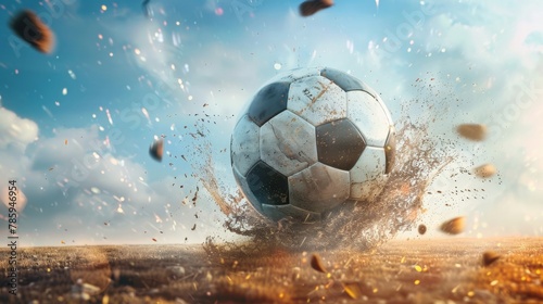 Soccer ball flying through the air after a powerful kick © Sasint
