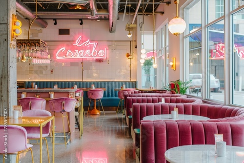 A contemporary brunch spot with an Instagram-worthy interior  featuring neon signs  velvet banquettes  and a menu of trendy brunch cocktails  Generative AI