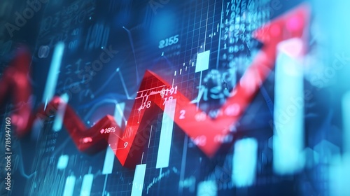 The stock market is growing, represented by an upward pointing red arrow on a blue background with numbers and graphs. numbers and graphs to depict stock market growth.