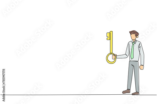 Single one line drawing businessman holding key. Important key to increasing profits has been secured. Ready to become important inheritance for relatives. Continuous line design graphic illustration