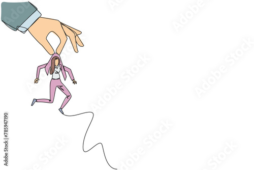 Single one line drawing big hand holding businesswoman. Workplace moving metaphor. Position transfer. Level up. Have bigger responsibilities. Successful. Continuous line design graphic illustration