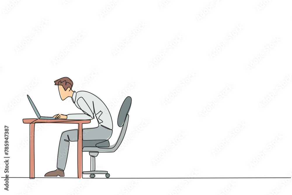 Single one line drawing hectic businessman sitting and typing on laptop computer. Work hard to achieve maximum expected results. Overtime and work smart. Continuous line design graphic illustration Single one line drawing hectic businessman sitting and typing on laptop computer. Work hard to achieve maximum expected results. Overtime and work smart. Continuous line design graphic illustration