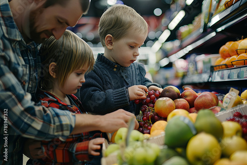 Caucasian mid-adult parents grocery shopping for fruit with male toddler