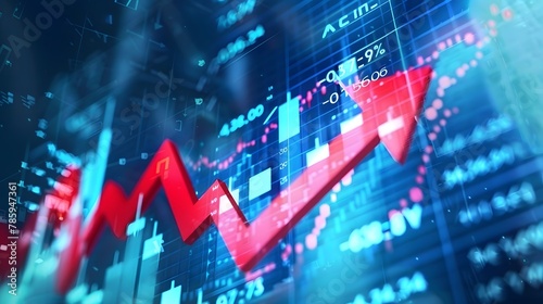 The stock market is growing  represented by an upward pointing red arrow on a blue background with numbers and graphs. numbers and graphs to depict stock market growth.