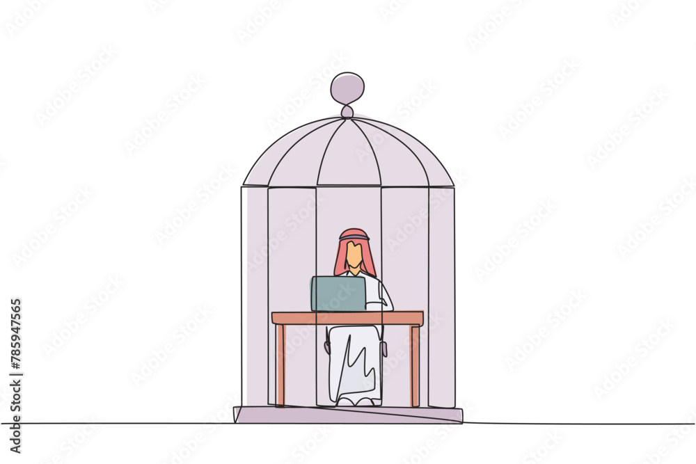 Single one line drawing Arab businessman trapped in cage sitting and typing on laptop computer. Tiring routine. Unhappy businessman with the many deadline. Continuous line design graphic illustration Single one line drawing Arab businessman trapped in cage sitting and typing on laptop computer. Tiring routine. Unhappy businessman with the many deadline. Continuous line design graphic illustration
