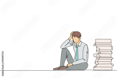 Single one line drawing businessman sitting near piles of work files. Too much work is stressful. Putting off work makes work neglected. Tired, unhappy. Continuous line design graphic illustration