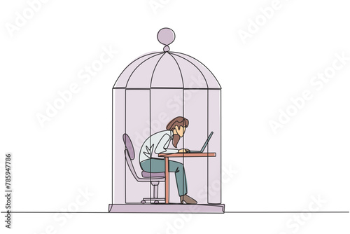 Single one line drawing businesswoman trapped in cage working on laptop computer. Plan to take annual leave to get away from routine. Workaholic. Overtime. Continuous line design graphic illustration