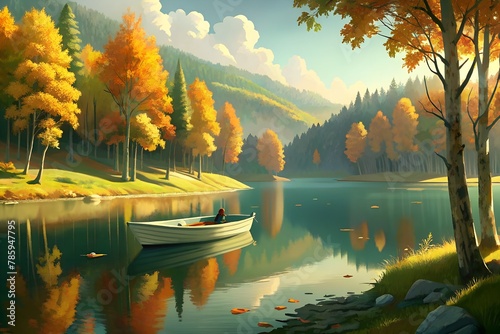 autumn landscape with lake and boat