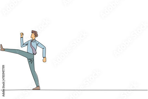 Single one line drawing businessman doing kicking motion. Stretch before office hours start. A healthy way to stay focused on doing business. Disciplined. Continuous line design graphic illustration