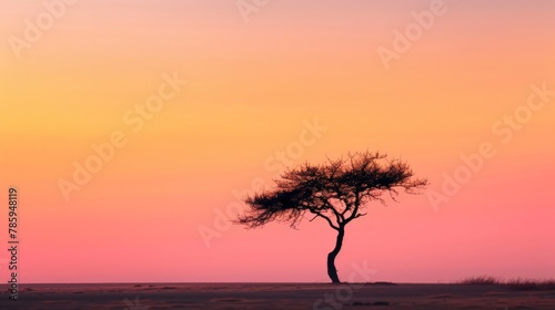 A single, windswept tree silhouetted against a vibrant orange and pink sunset. Minimalist composition with clean lines and negative space.