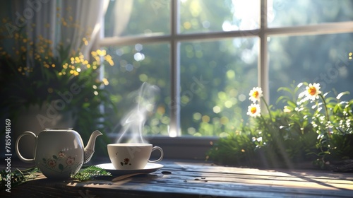 A steaming cup of tea on a wooden table next to a window overlooking a tranquil garden. Soft morning light streams through the window.