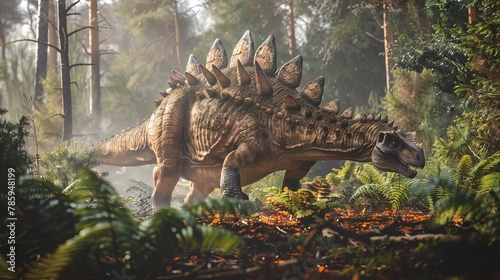 A Stegosaurus with bony plates along its back walking through a field of ferns and cycads. © EC Tech 