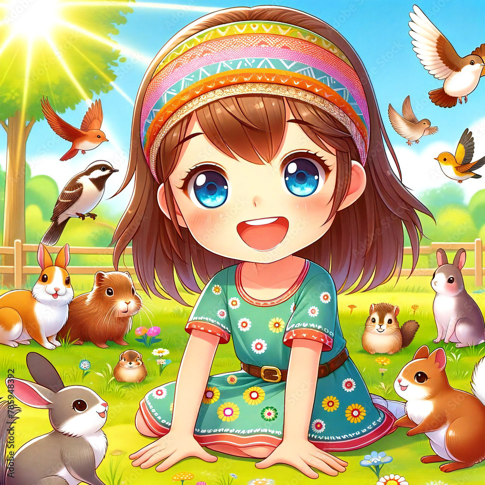 女の子と森の動物たち 女の子と森の動物たち