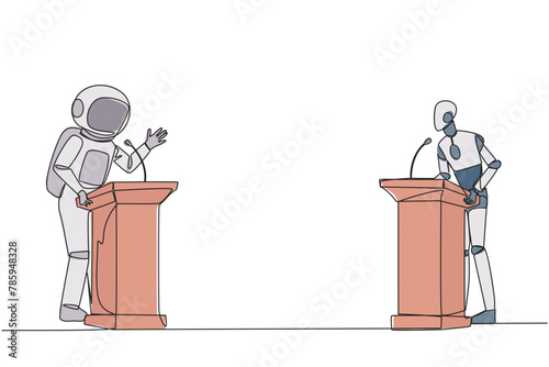 Single continuous line drawing robotic and astronaut arguing on the podium. Throwing arguments at each other, not wanting to give in. Feel most right. Debate. One line design vector illustration
