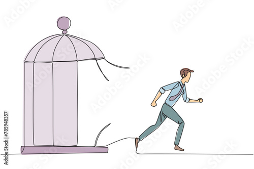Continuous one line drawing businessman trapped in the cage running through the cage. Metaphor penetrates the maximum limit of self. Desire to succeed. Single line draw design vector illustration