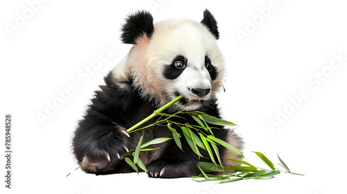 giant panda eating bamboo isolated on white background photo