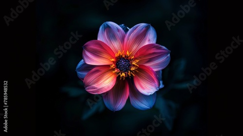 A single, vibrantly colored flower in full bloom against a stark black background. Focus on the delicate details of the petals. © EC Tech 