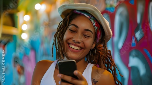 Smiling woman using smartphone outdoor, young african american girl talking messaging or browsing social networks on mobile modern cell phone device while walking street in city photo