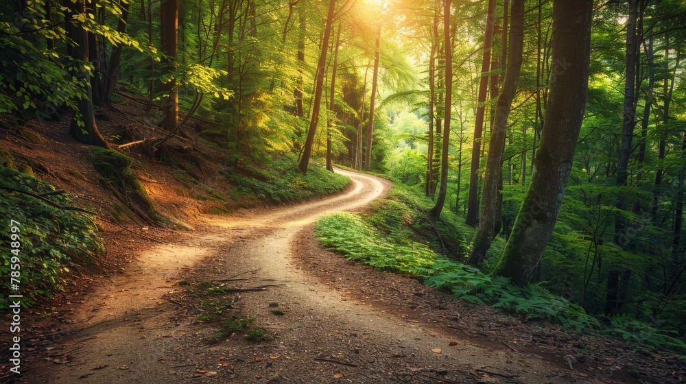 Naklejka premium A winding dirt road disappearing into a lush green forest. Sunlight filters through the leaves, casting dappled light on the road.
