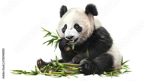 giant panda eating bamboo isolated on white background photo