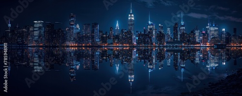 Panoraic Photography of New York City. Free Space, copy space. New York City Manhattan downtown skyline at dusk with skyscrapers illuminated over Hudson River