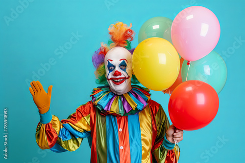 Friendly circus clown holding a bunch of balloons and waving hello © Fabio