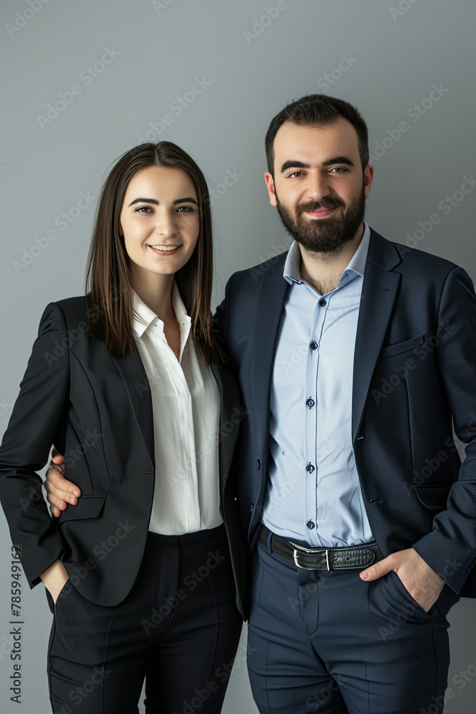 Business partners posing in front of gray background, looking at camera and smiling Business partners posing in front of gray background, looking at camera and smiling
