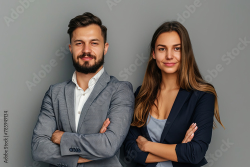 Business partners posing in front of gray background, looking at camera and smiling photo